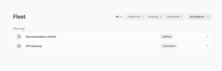 Angel Engine Fleet with status filters and a project selector