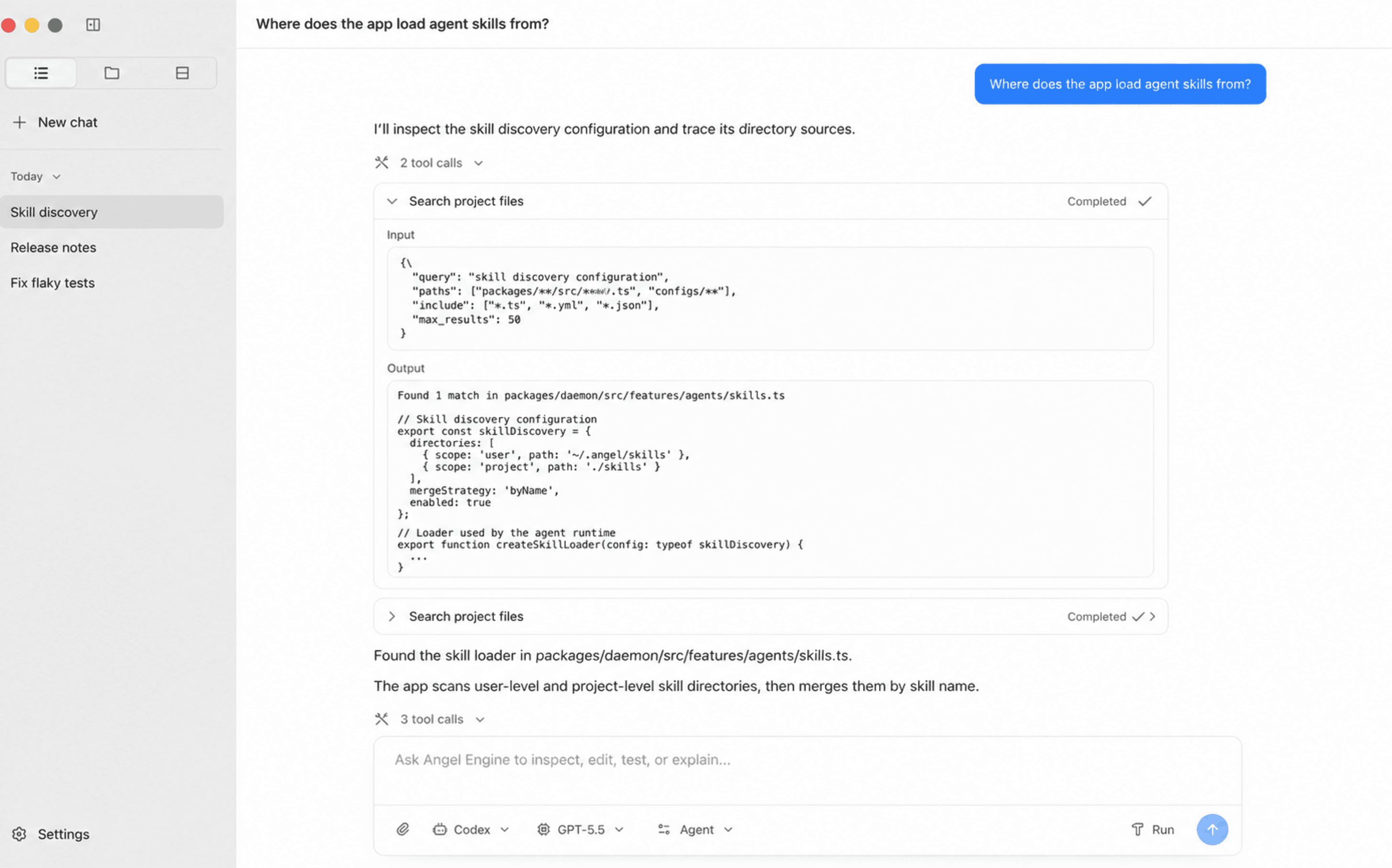 Readable tool calls and command output in an Angel Engine conversation