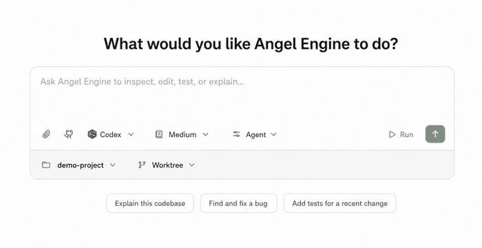 Angel Engine Power mode composer with Worktree selected